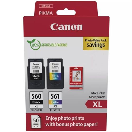 CARTUCHO PG560XL+CL561XL 560XL+561XL  NEGRO+COLOR+PAPEL FOTOGRAFICO CANON