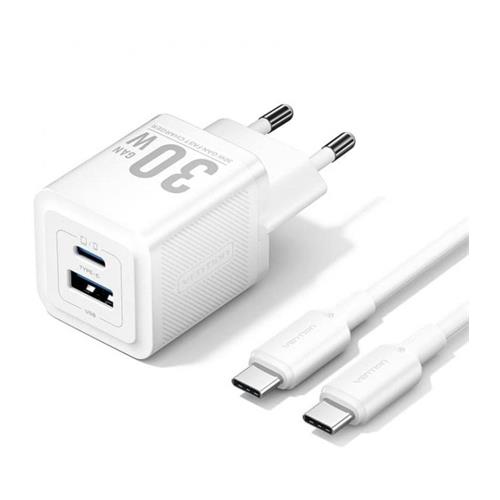 CARGADOR DE PARED 30W VENTION TZFEQW0 USB  / USB-C  + CABLE USB-C BLANCO